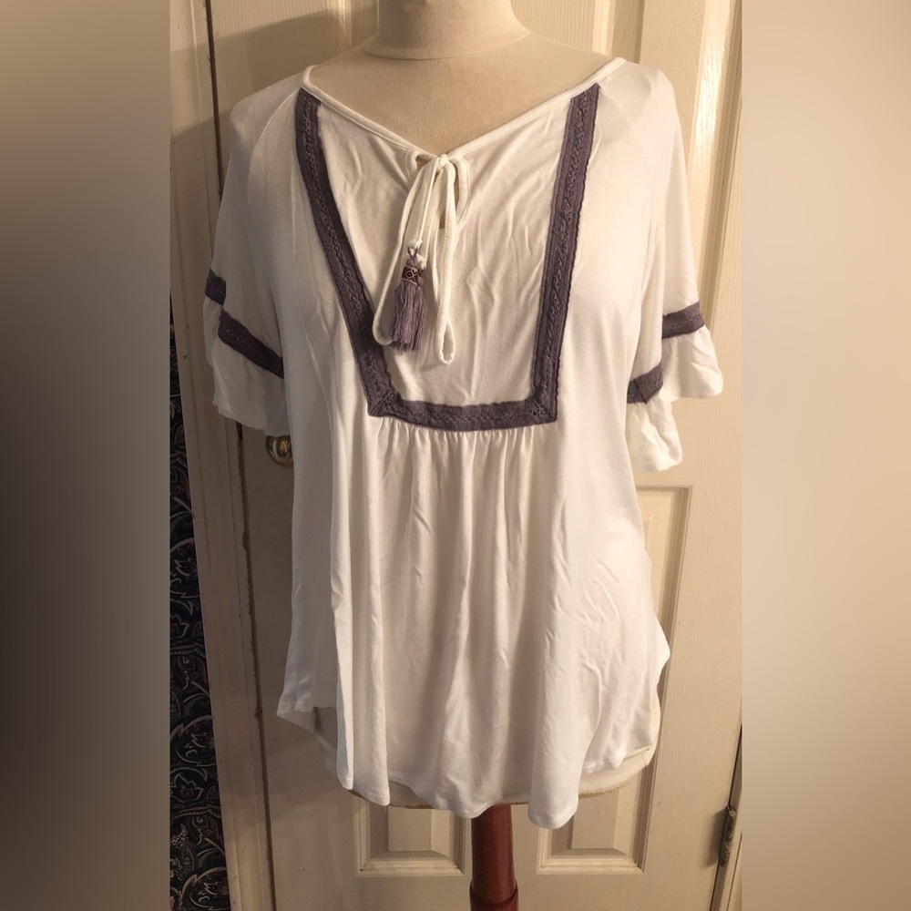 KyeMi multi colored top size medium short bell sleeves tie neck line